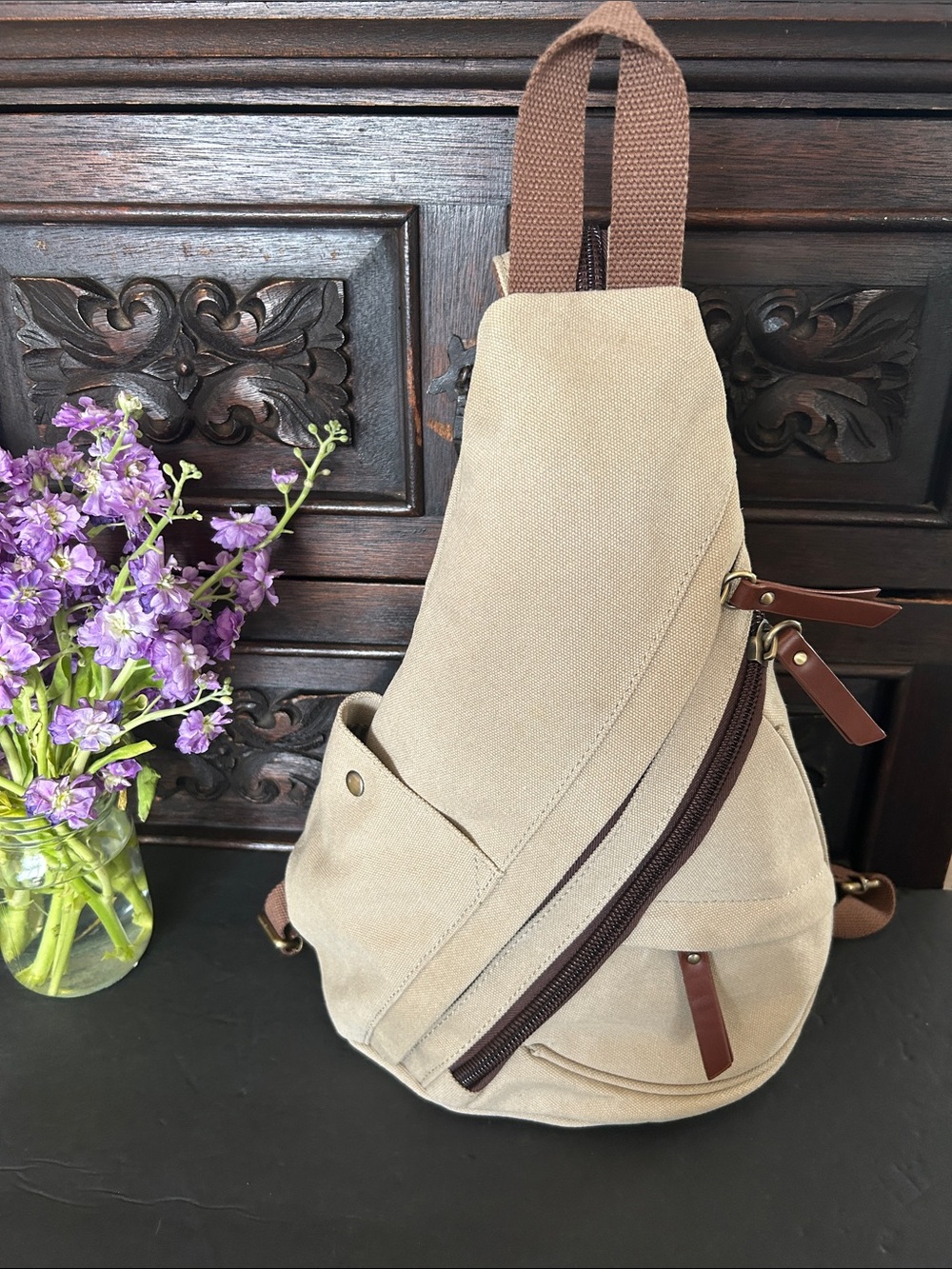 Unisex Antik Kraft Beige Canvas Sling Bag with Brown Accents
